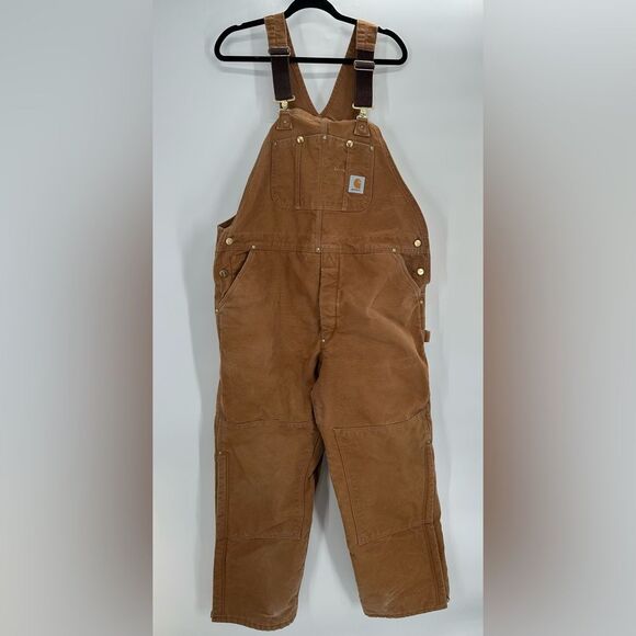 VTG Carhartt R01 BRN Mens 44x28 HEAVY DUTY Distressed Overall Bibs Double Knee - Picture 1 of 12